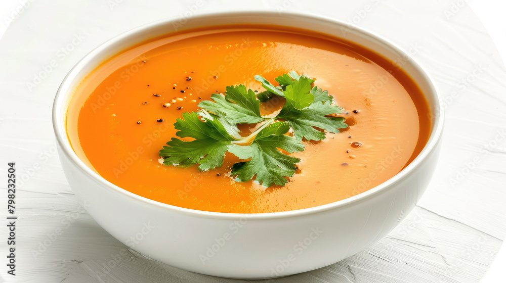 Minimalistic photo of carrot and coriander soup on white background. Minimalistic photo of carrot and coriander soup on white background.