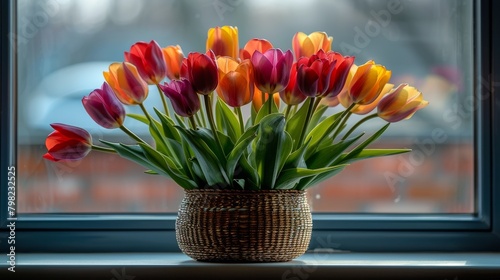 Red Tulips in Vase on Window Sill