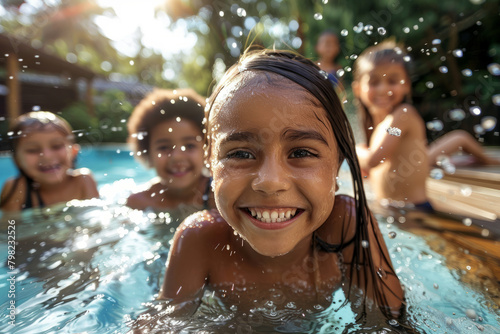 A group of happy smiling children having fun splashing in the swimming pool on a sunny day photo