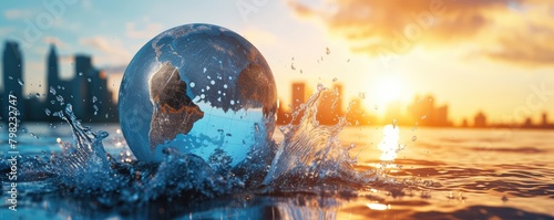 Sunrise cityscape with a splash and glass sphere