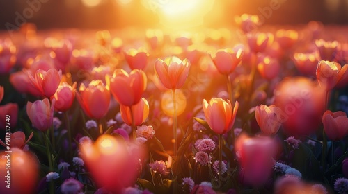 Vibrant Field of Colorful Flowers With Sun Background