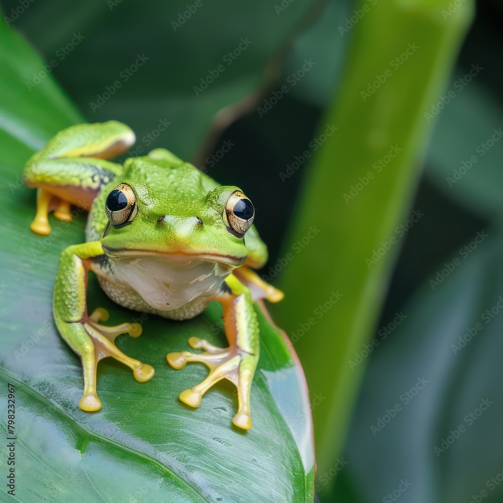 Tree frog Agalychnis Callidryas on a green leaf with water droplets on it Tree frog Agalychnis Callidryas on a green leaf with water droplets on it