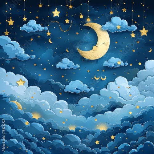 Cute night background with blue sky, cloud, golden stars and moon garland. Vector illustration. 