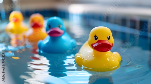 A row of adorable rubber duckies floating in a bathtub, their bright colors reflecting in the water photo