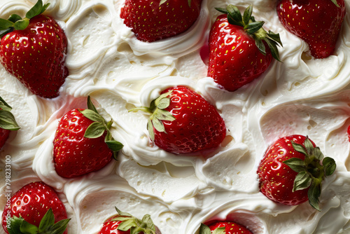 Top view of delicious strawberries and cream. Whipped cream and strawberry background