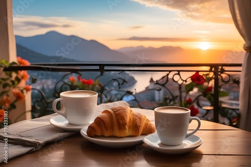 a coffee cup and a french croissant on the table, a balcony overlooking a stunning scene, a still life, the sea and mountains, a resort town, and a sunset