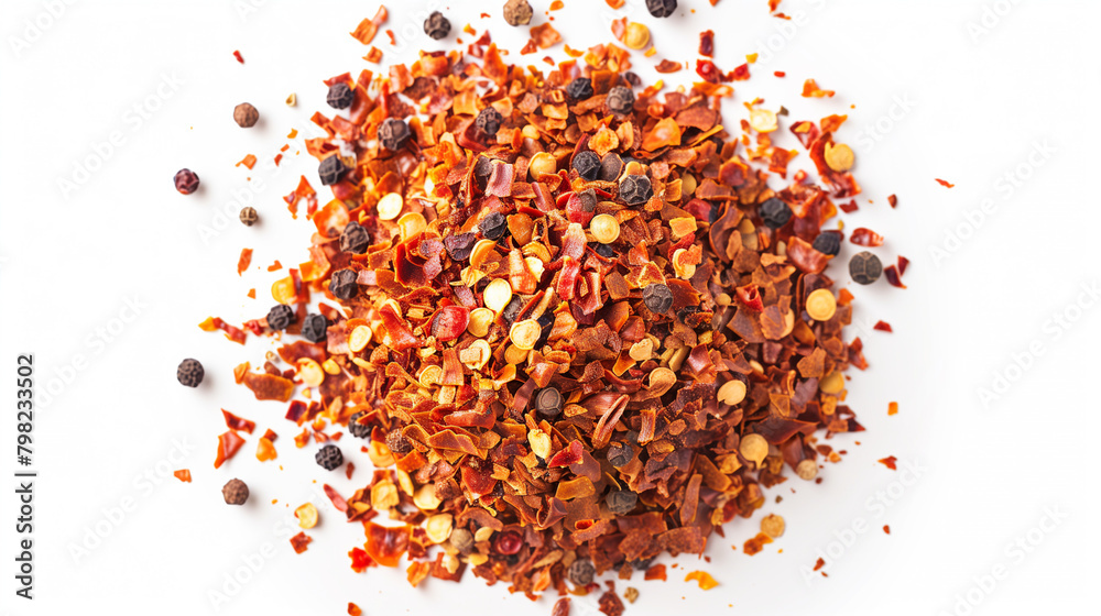 pile crushed red cayenne pepper, dried chili flakes and seeds isolated on white background, top view, close up
