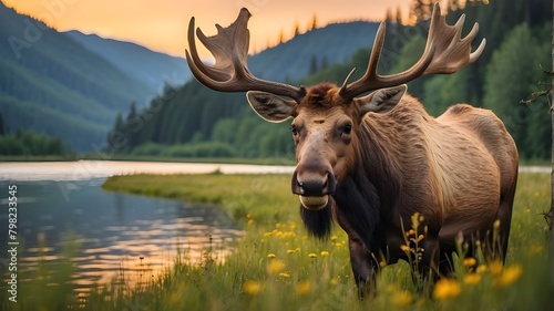 Close-up of a male horned elk moose on a summer meadow next to a river in a woodland at dusk photo