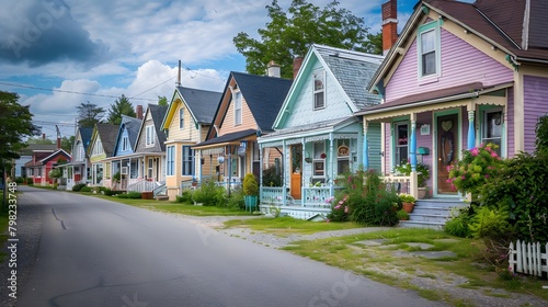 A row of pastel-colored houses nestled along a quiet, empty street. photo