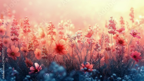 Field of Pink Flowers With Sun in Background