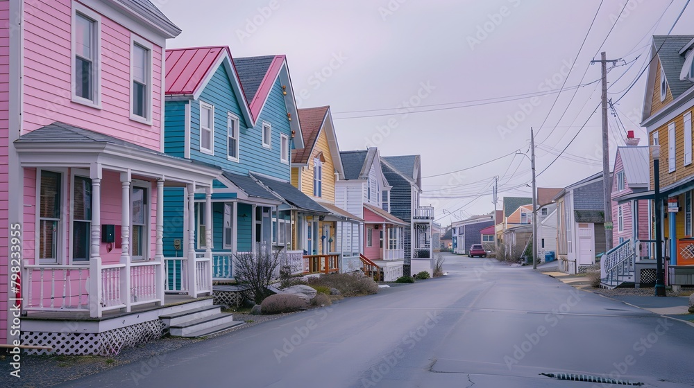 A row of pastel-colored houses nestled along a quiet, empty street.
