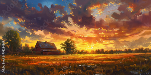 Rural landscape sunset panorama
