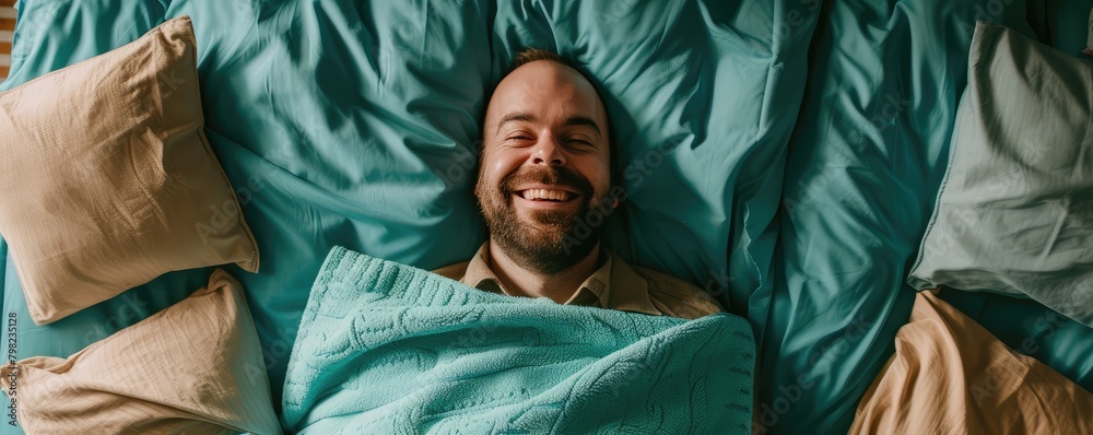 Man relaxing in bed with hands behind head Man relaxing in bed with hands behind head