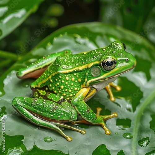Tree frog Agalychnis Callidryas on a green leaf with water droplets on it