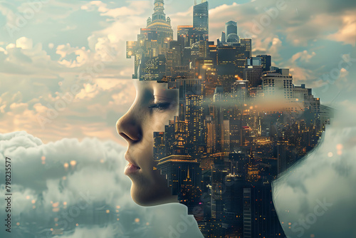 A surreal digital artwork featuring a person's face subtly blended into the silhouette of a cityscape, with futuristic buildings and floating clouds.