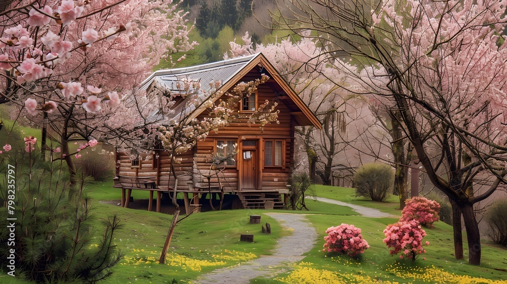 A secluded wooden cabin nestled among blooming cherry blossom trees, with a winding pathway leading to its welcoming door.