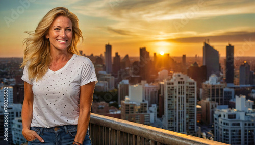 Beautiful middle-aged woman, with her long, vibrant blonde hair, sprinkled with freckles. Her beaming smile and trendy t-shirt create a visually dynamic image against the backdrop of a city at sunset.