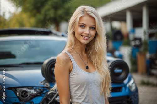 A beautiful blonde girl at an auto sound competition. Car music. Subwoofers, amplifiers, acoustics. Car audio system.