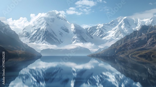 A serene lake nestled between towering snow-capped peaks, reflecting the surrounding landscape like a mirror.