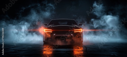 Orange car s mesmerizing beam in fog forms ethereal and mysterious atmospheric beauty photo