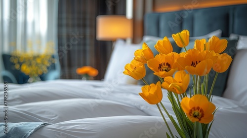 Yellow Flowers in Vase on Bed