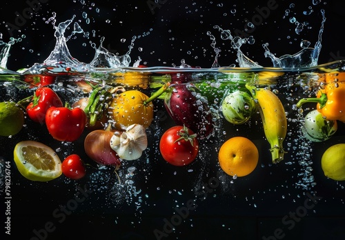 Fruits, veggies plunge into water on black backdrop