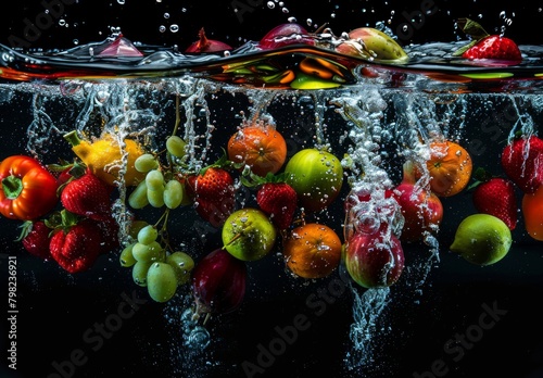Fruits  veggies plunge into water on black backdrop