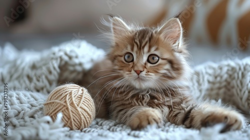 Small Kitten Playing With Yarn Ball