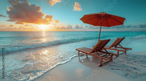 Red Umbrella and Two Chairs on Beach
