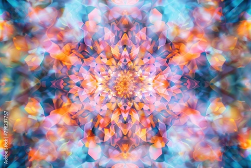 Mesmerizing kaleidoscopic symphony of colors and shapes dances across a serene background canvas