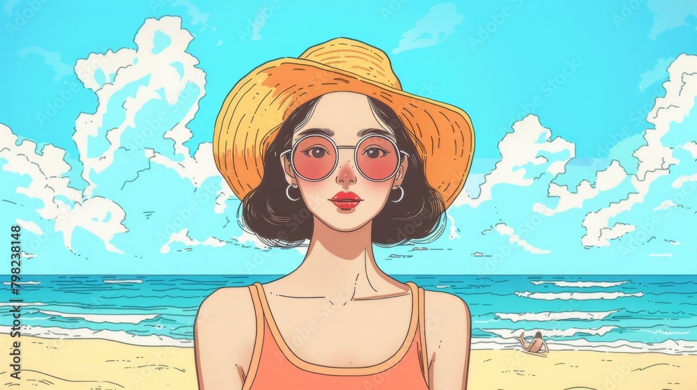 A cartoon drawing of a woman in sunglasses and hat on the beach, AI