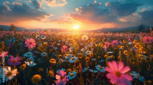 Field of Flowers With Setting Sun