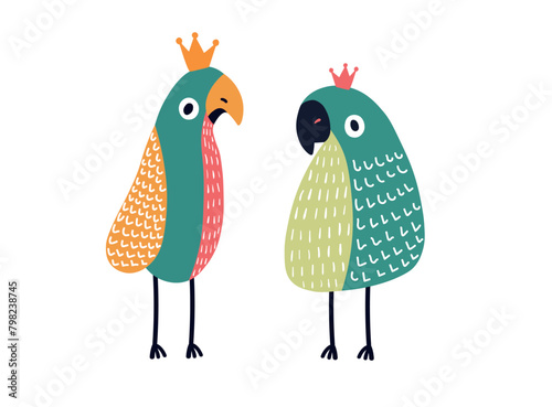 Vector baby illustration, two funny parrot on white isolated background