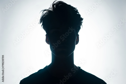 silhouette of a man's head, white background, back lit light, high contrast photo