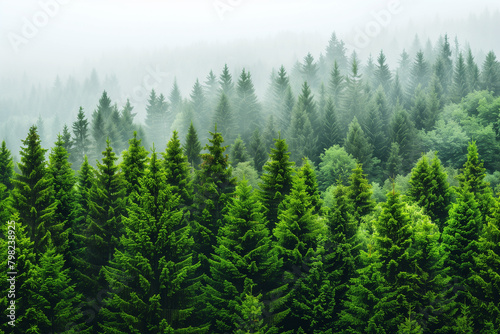 Healthy green trees in a forest of old spruce, fir and pine