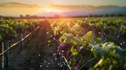 A serene vineyard landscape at dawn, with AI-driven irrigation systems activating in response to predicted weather patterns, ensuring grapes receive just the right amount of water for optimal growth 