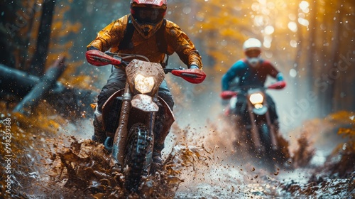 Couple Riding Motorcycles Through Forest. Generative AI