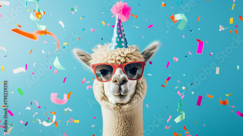  Happy Birthday, carnival, New Year's eve, sylvester or other festive celebration, funny animals card - Alpaca with party hat and sunglasses on blue background with confetti