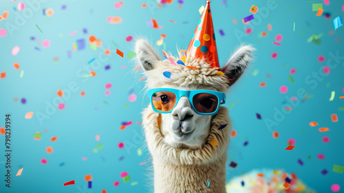  Happy Birthday, carnival, New Year's eve, sylvester or other festive celebration, funny animals card - Alpaca with party hat and sunglasses on blue background with confetti