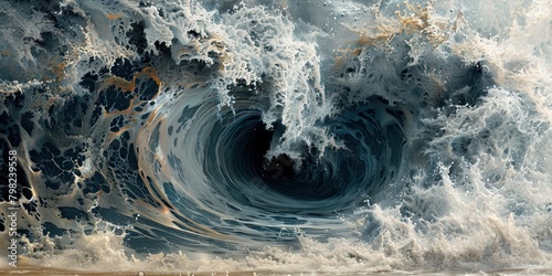 Explore the intricate patterns of a tsunami crashing against the shoreline, showcasing the increased frequency of these devastating natural disasters Close-up photo