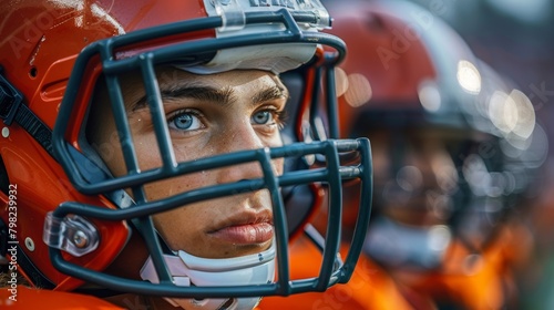 Close Up of a Football Player Wearing a Helmet. Generative AI © jul_photolover
