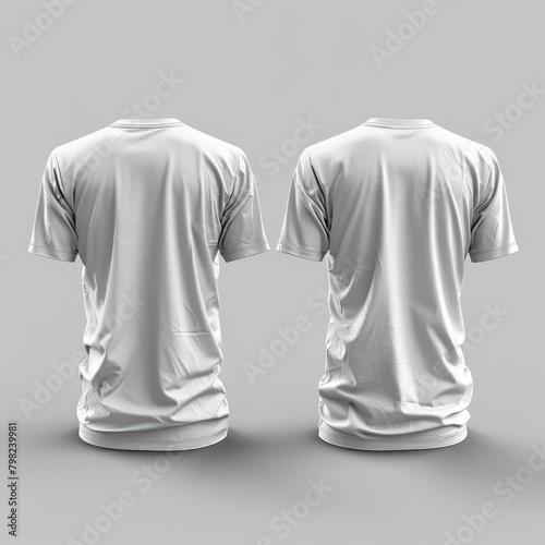 Set of white tee t shirt round neck front, back and side view on white background cutout file. Mockup template for artwork graphic design. 3D rendering