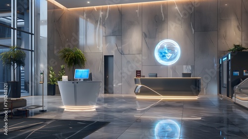 A sleek corporate headquarters lobby featuring an AI-powered receptionist greeting visitors and directing them to their appointments with precision.