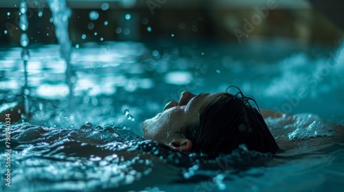 A person submerged in a cold plunge pool outside of the sauna which can be used as a contrast therapy to further enhance the health benefits.. photo