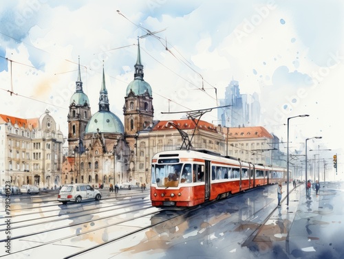 City street with tram, cars, people and buildings in the background