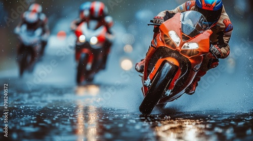 Group of People Riding Motorcycles on Wet Road. Generative AI