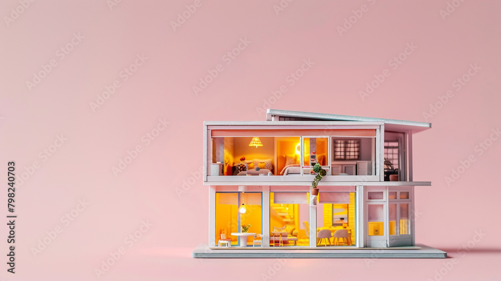 Isolated miniature dollhouse model on a smooth pink background with copy space. Creative building and a minimalist dollhouse banner template.