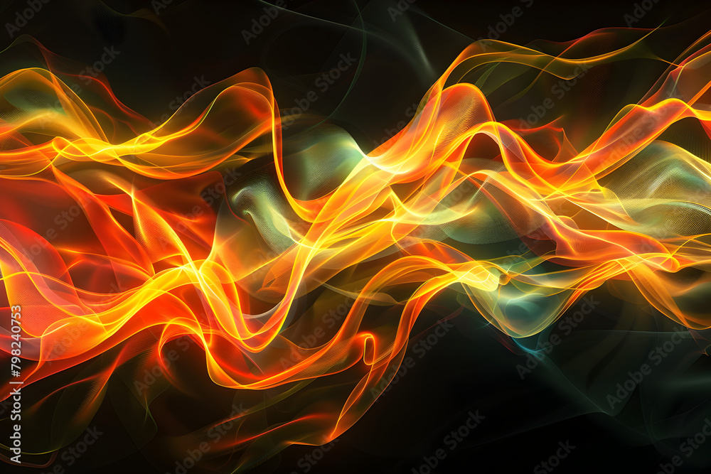 Dynamic neon waves artwork with glowing orange and yellow curves. Striking black background creation.