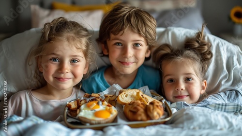 Three smiling children in bed with breakfast tray. Happy siblings enjoying a meal together. Cozy morning and family concept. Design for breakfast menu, lifestyle blog, family advertisement