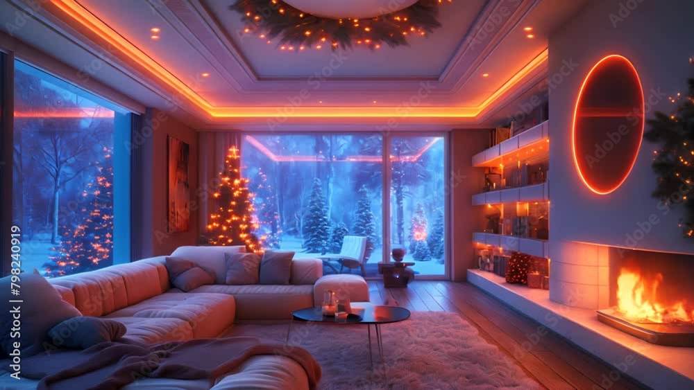 futuristic living room with big windows decorated for Christmas with Christmas tree in the corner and fireplace.